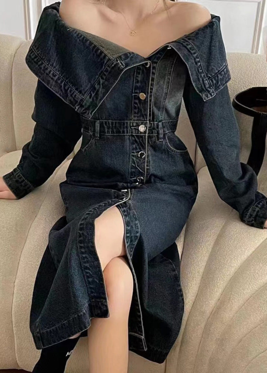 Blue Slash Neck Patchwork Side Open Denim Long Dresse Puff Sleeve