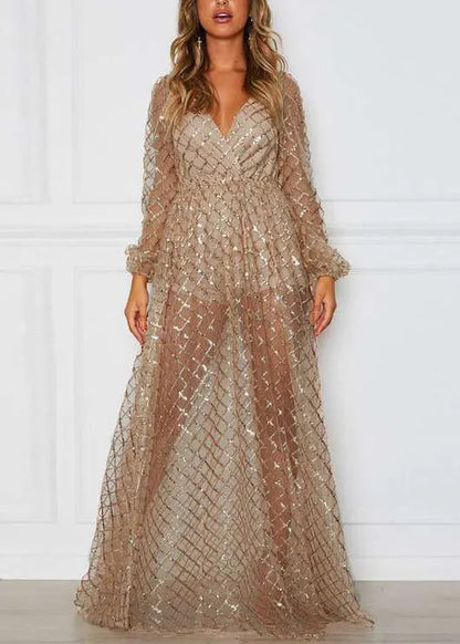 Gold V-neck Check Sequin Dress Long Sleeve