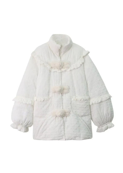 White Ruffled Pockets Patchwork Fine Cotton Filled Coats Winter