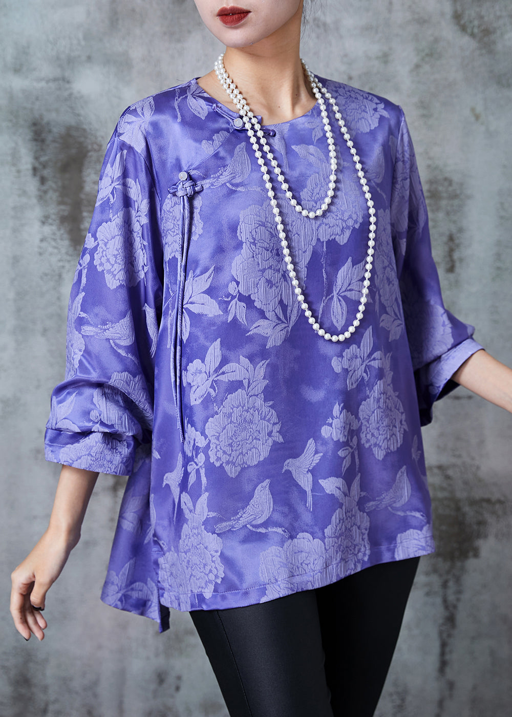 Purple Jacquard Silk Oriental Shirt Top Fall