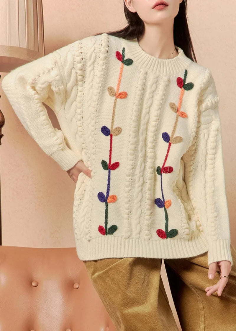 Beige O Neck Cozy Cable Knit Sweater Winter