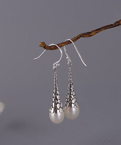 Retro White Sterling Silver Pearl Drop Earrings