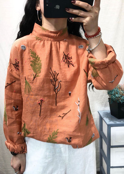 White Stand Collar Embroidered Linen Blouses Long Sleeve