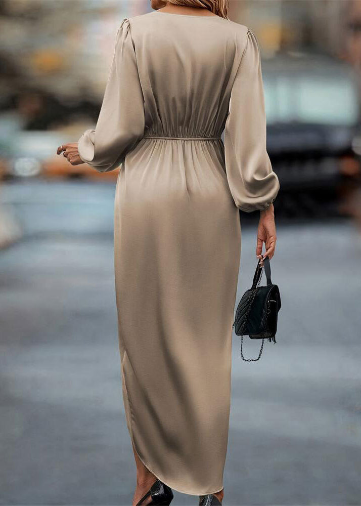 Classy Champagne Color Asymmetrical Design Puff Sleeve Dress
