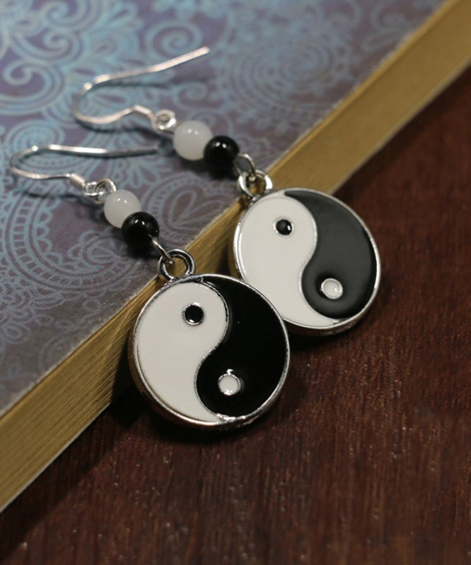 Black and White Sterling Silver Jade Tai Chi Circular Drop Earrings