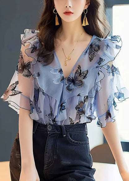 Blue Ruffled Print Chiffon Shirts Half Sleeve