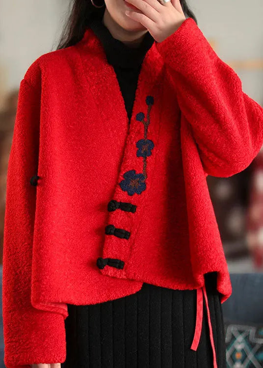 Stylish Red Button Embroidered Woolen Coats Spring
