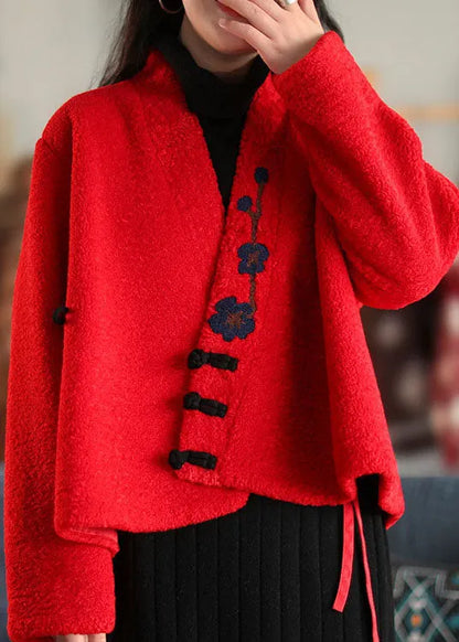 Stylish Red Button Embroidered Woolen Coats Spring