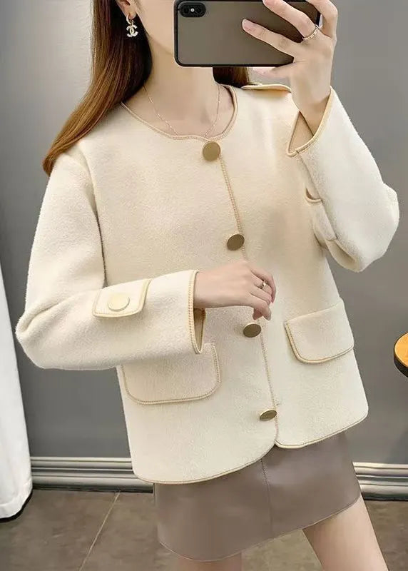 Beige O Neck Pockets Woolen Short Coat Fall