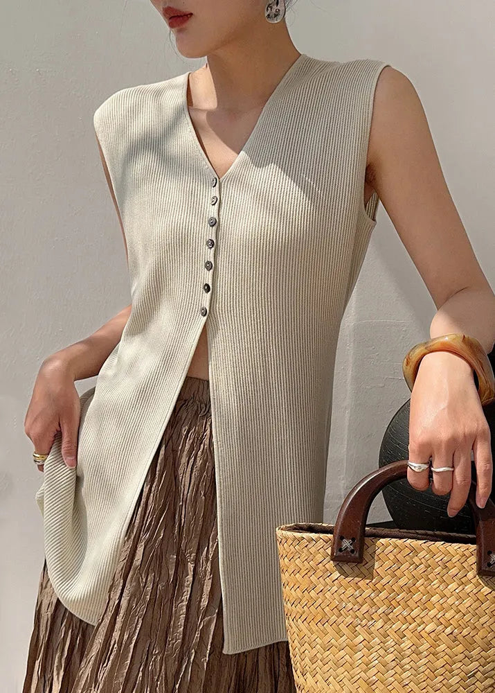 Unique Apricot V Neck Button Silk Tops Summer