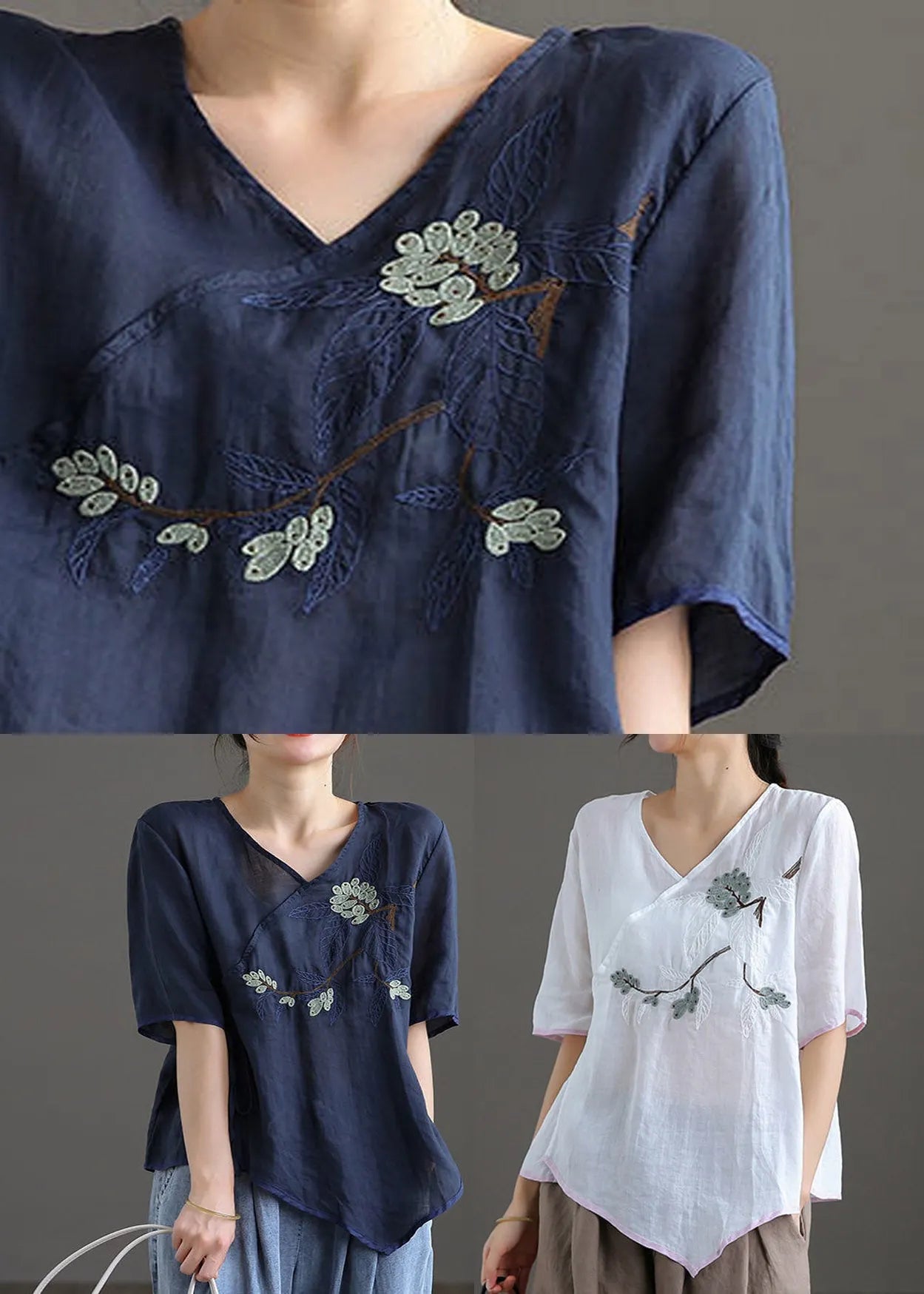 Fine White V Neck Embroidered Linen Top Short Sleeve