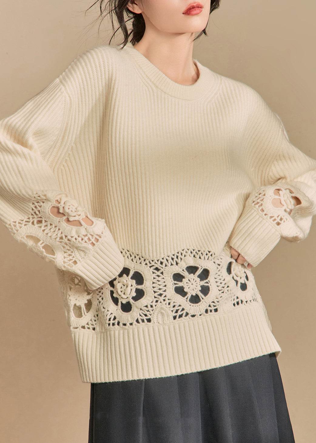 Loose Beige Hollow Out Knit Sweater Winter