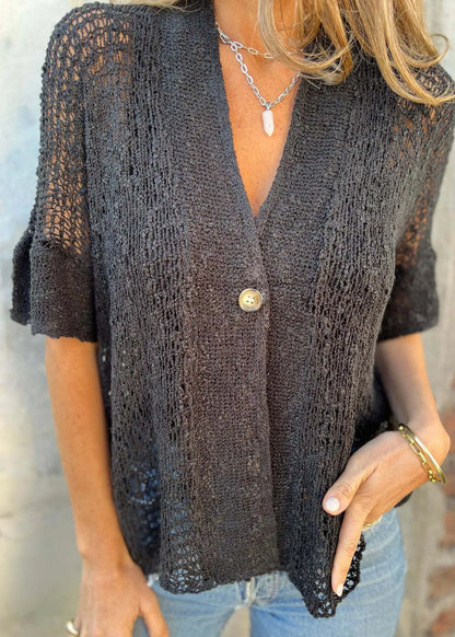 Organic White V Neck Hollow Out Knit Tops Summer