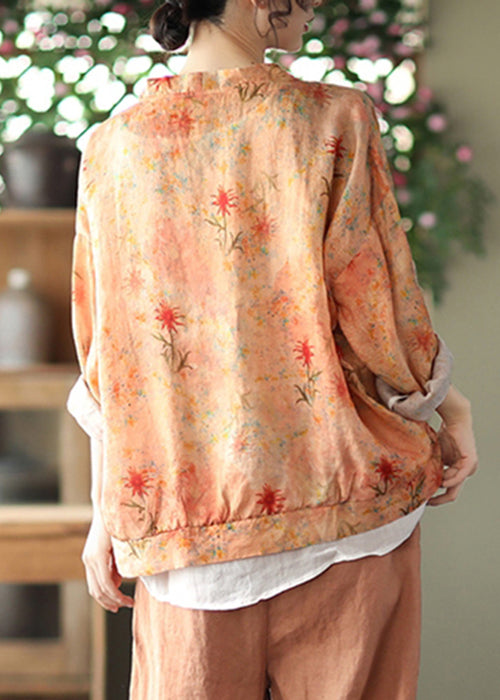 Orange V Neck Button Print Cotton Cardigans Spring