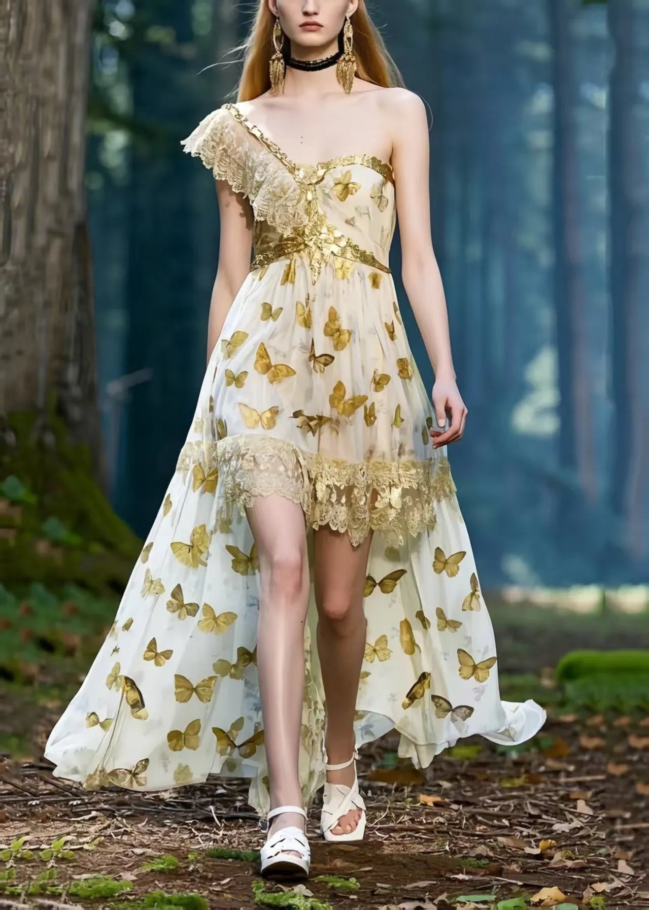 One Shoulder Butterfly Print Chiffon Vestidos Dresses Summer