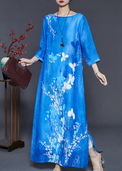 Peacock Blue Print Side Open Linen Dress Bracelet Sleeve