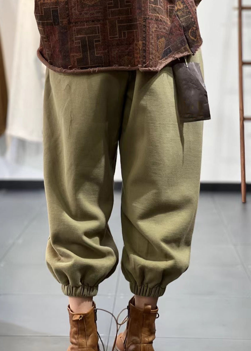 Beige Pockets Elastic Waist Warm Fleece Sport Pants Fall