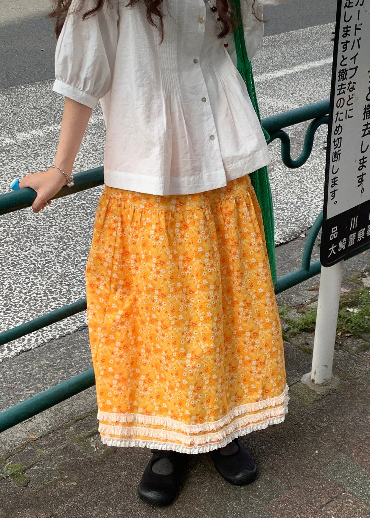 Yellow Print Lace Patchwork Cotton Skirt Summer