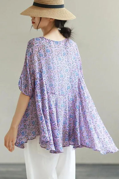 Leaf O Neck Irregular Print Loose T-shirt