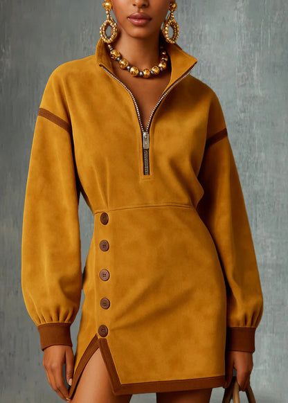New Yellow High Neck Zip Up Patchwork Cotton Mini Dress Fall