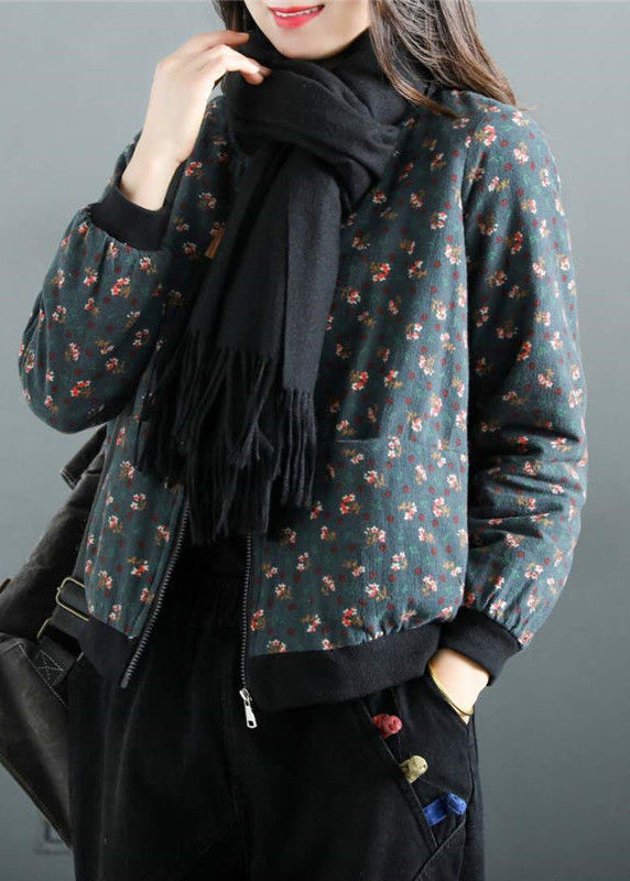 Red Print Zip Up Pockets Patchwork Fine Cotton Filled Witner Coats