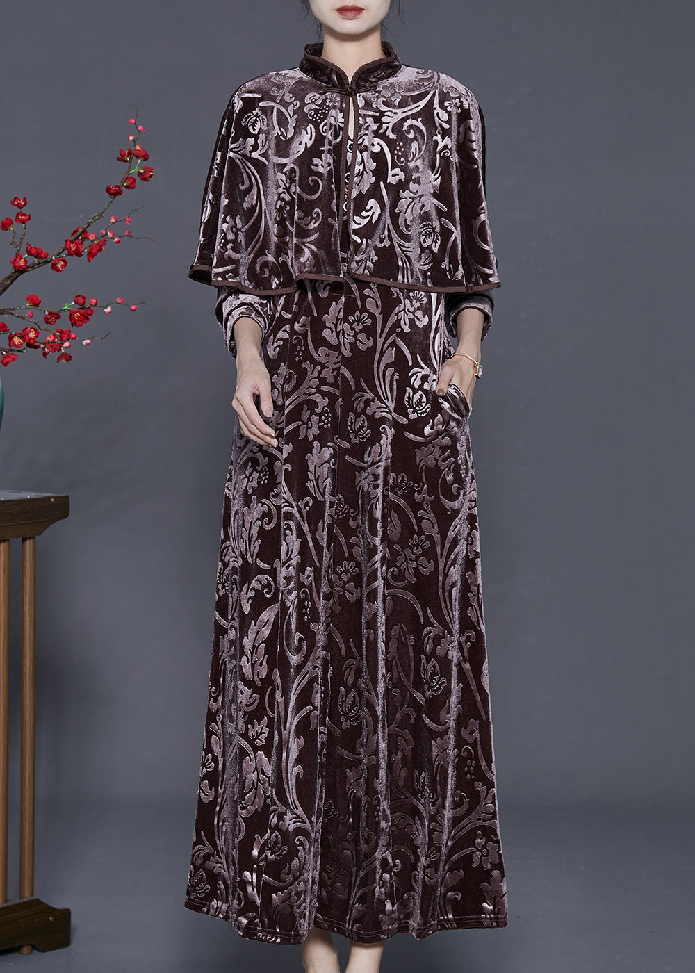 Chocolate Jacquard Silk Velvet Long Dress Two Piece Set Fall