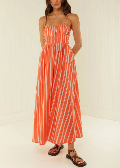 Orange Striped Cotton Spaghetti Strap Dress Summer