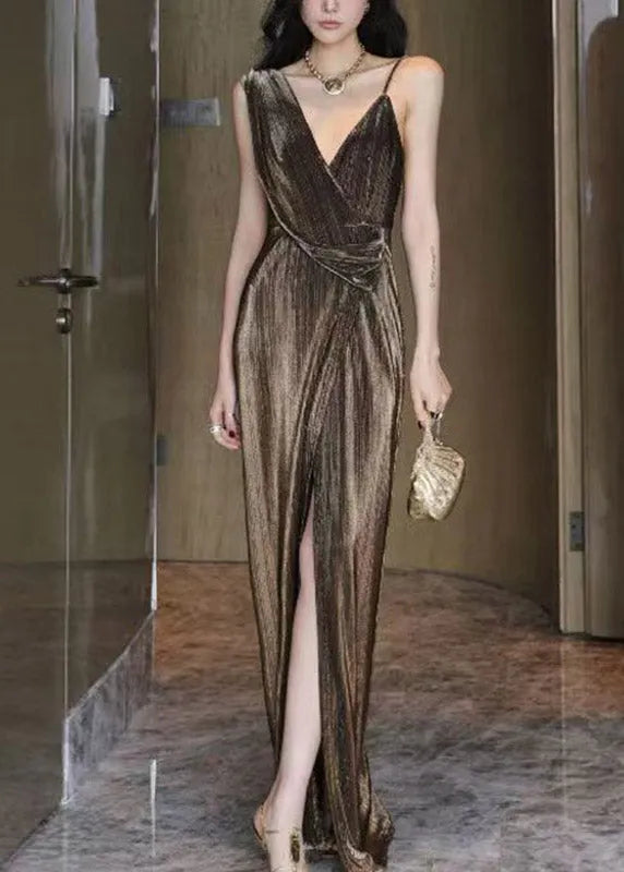Gold V Neck Side Open Maxi Dress Summer