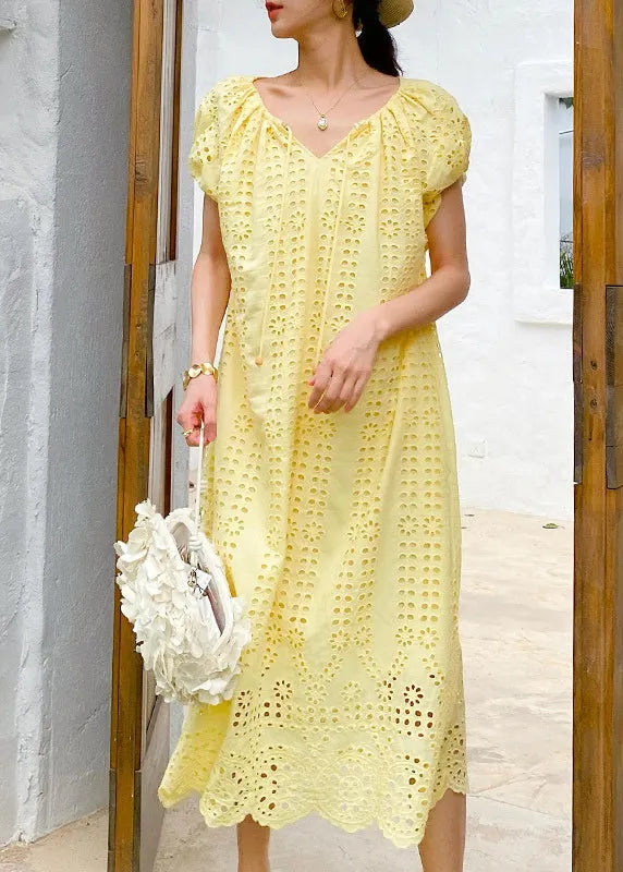 Boutique Yellow O-neck Hollow Out Knitted Cotton Long Dress Summer