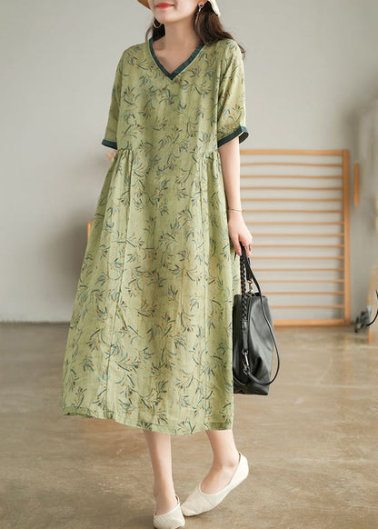 Green Wrinkled V Neck Patchwork Cotton Long Dress Short Sleeve