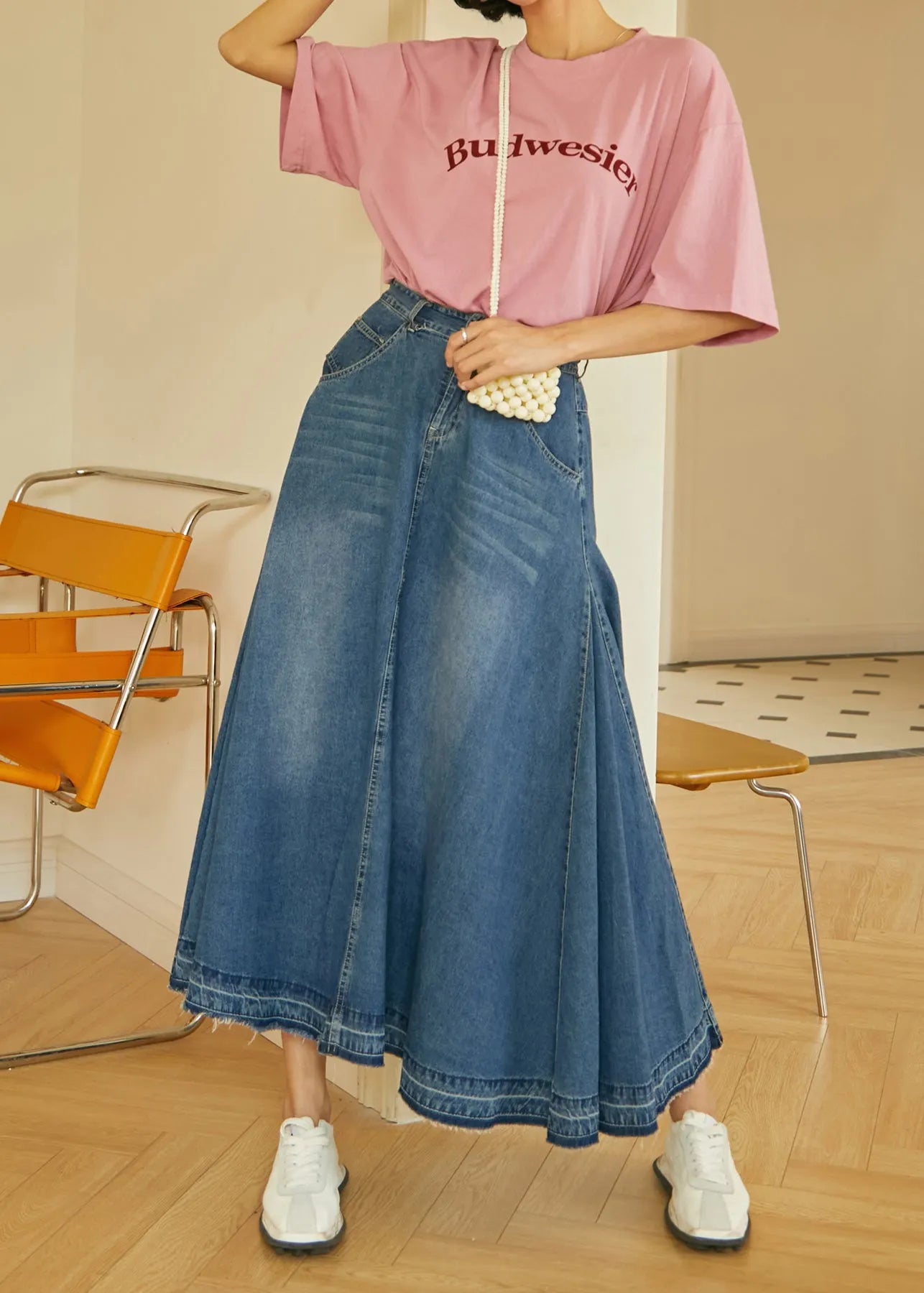 Blue Pockets High Waist Denim Skirt Fall