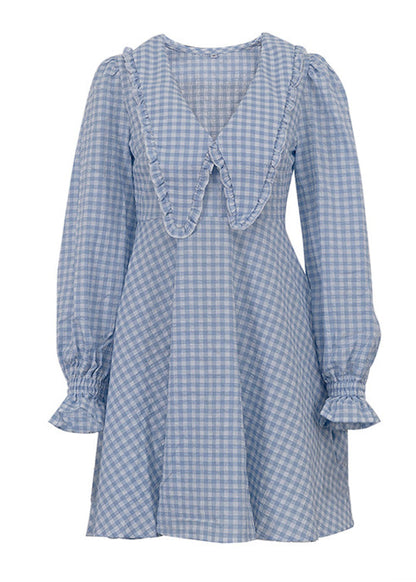 French Blue Plaid Ruffled Cotton Day Dress Flare Sleeve