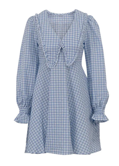 French Blue Plaid Ruffled Cotton Day Dress Flare Sleeve