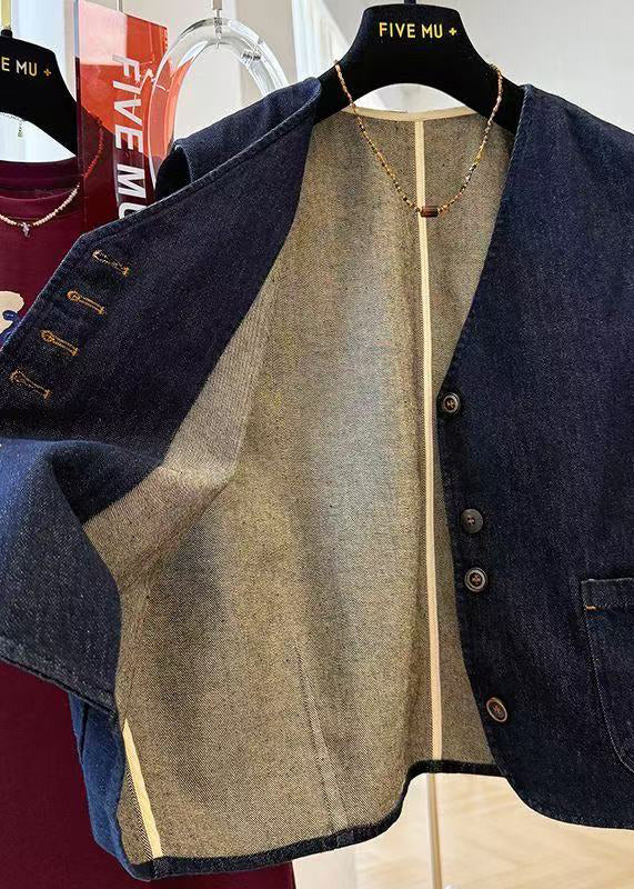 Navy Oversized Pockets Denim Vests Fall