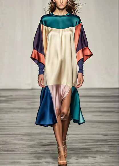 Colorblock Oversized Patchwork Side Open Silk Dress Summer