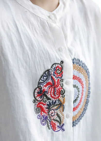 Loose White Embroidered Patchwork Linen Shirts Spring
