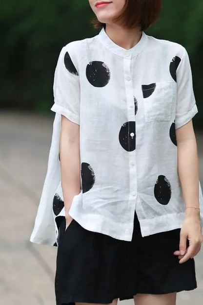 Limited Stock- Polka Dot Cotton Linen Stand Collar Shirt