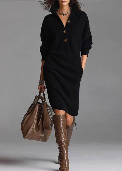 Yellow Hign Neck Button Knit Sweater Dress Winter