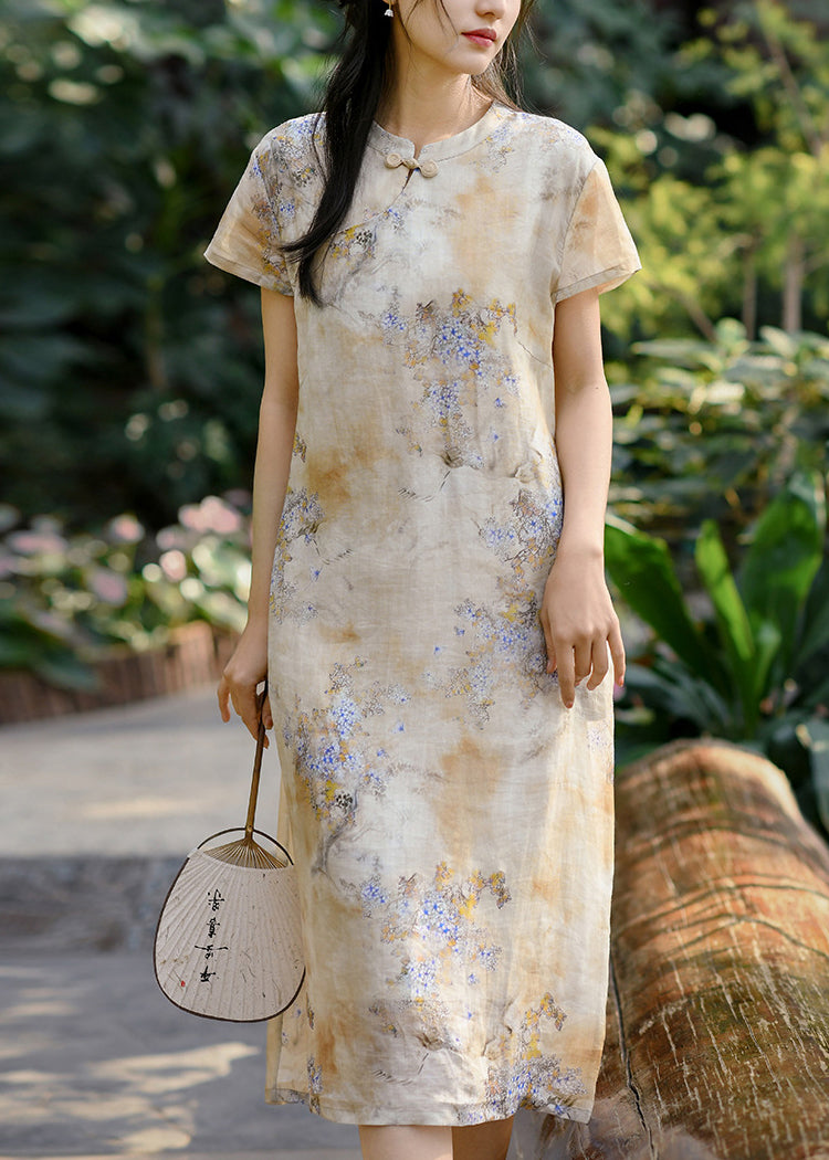 Retro Yellow Stand Collar Print Chinese Button Linen Dress Summer