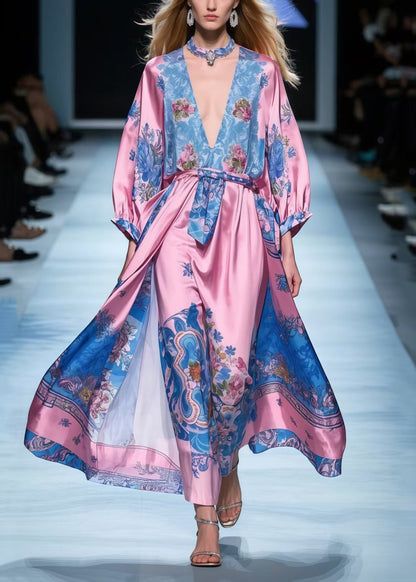 Rose V Neck Print Silk Maxi Dresses Spring