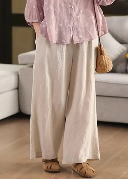 Beige Pockets Loose Linen Wide Leg Pants Elastic Waist Summer
