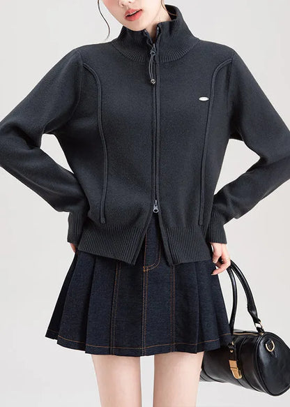 Dark Grey Zip Up High Neck Knit Sweaters Coat Spring