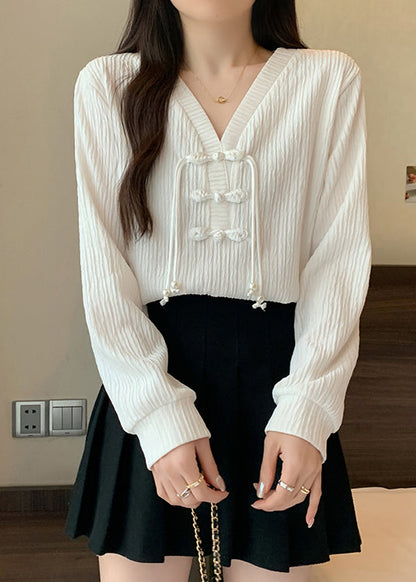 White V Neck Patchwork Cotton Shirt Top Fall