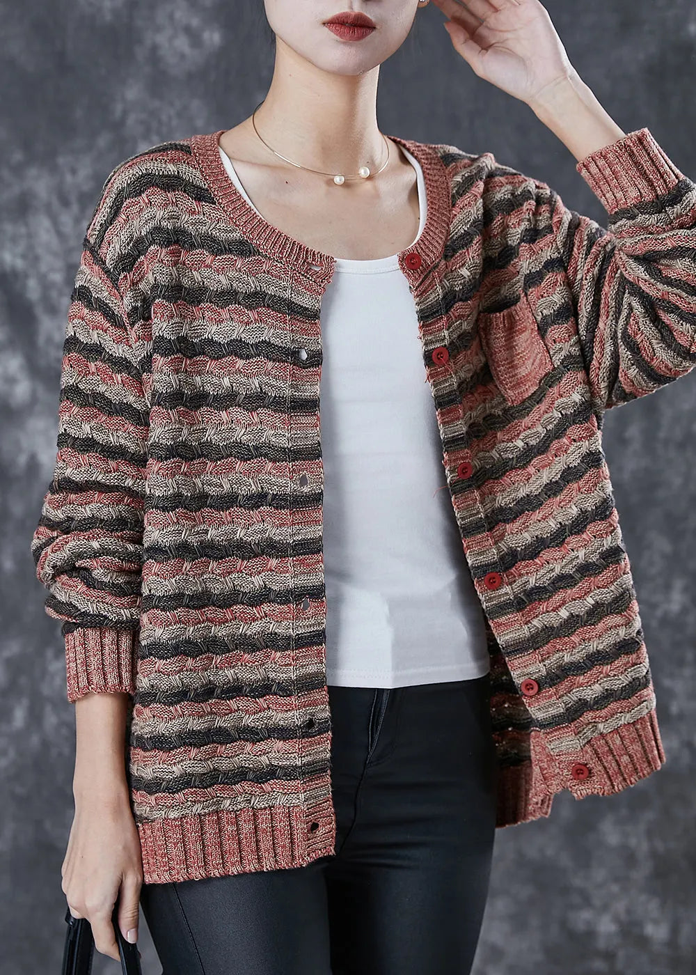 Khaki Striped Thick Knit Cardigans Spring