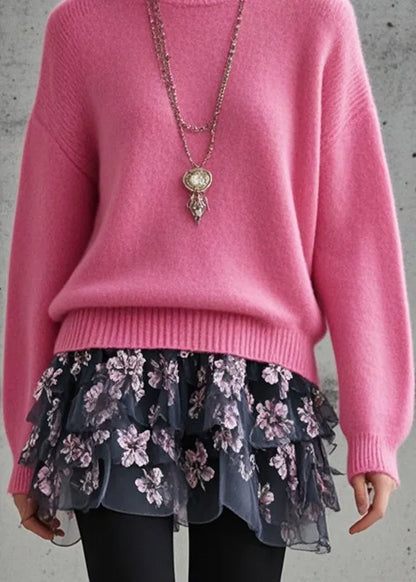 Art Rose O-neck Thick Knit Shirts Fall