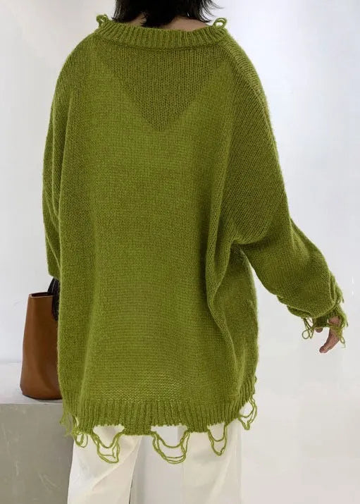 Green V Neck Ripped Ma Hai Mao Knit Sweaters Winter