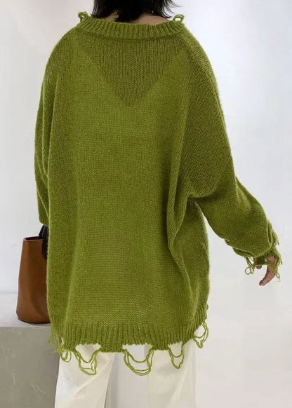Green V Neck Ripped Ma Hai Mao Knit Sweaters Winter