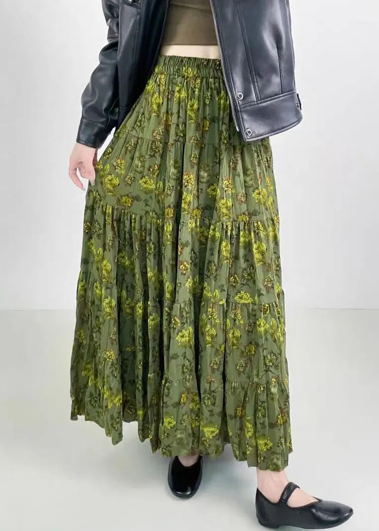 Green Print Wrinkled Elastic Waist Cotton Skirts Spring