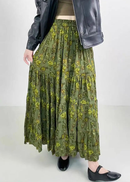 Green Print Wrinkled Elastic Waist Cotton Skirts Spring