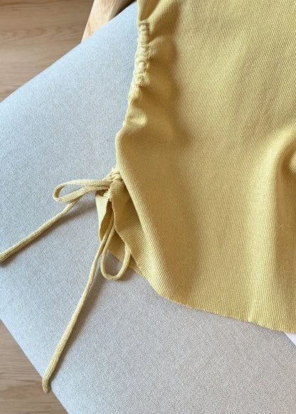 Yellow Cinched Side Open Knit T Shirt Hollow Out
